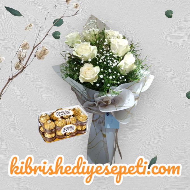 7 Beyaz Gül Buketi ve Çikolata